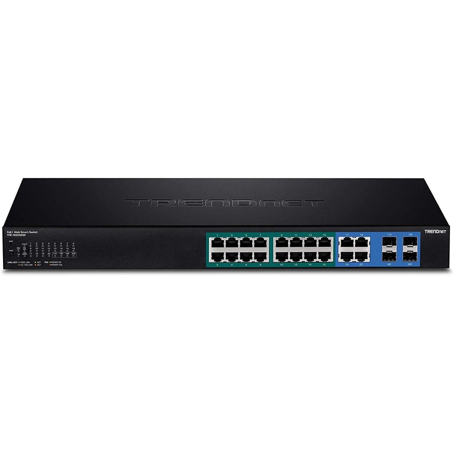 TRENDnet 20-Port Gigabit Web Smart 370W PoE+ Switch; TPE-1620WSF; 16 Gigabit PoE+ Ports; 4 Shared Gigabit Ports(RJ-45 or SFP); 370W PoE Budget;Managed PoE+ Ethernet Network Switch; Lifetime Protection — TPE-1620WSF