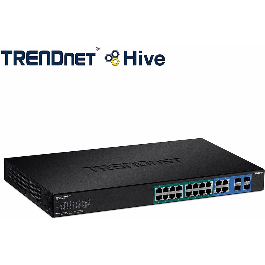 TRENDnet 20-Port Gigabit Web Smart 370W PoE+ Switch; TPE-1620WSF; 16 Gigabit PoE+ Ports; 4 Shared Gigabit Ports(RJ-45 or SFP); 370W PoE Budget;Managed PoE+ Ethernet Network Switch; Lifetime Protection — TPE-1620WSF