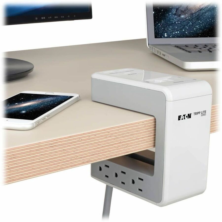 Eaton Tripp Lite Series 6-Outlet Surge Protector w/2 USB-A (4.8A Shared) & 1 USB-C (3A) - 8 ft. (2.43 m) Cord, 1080 Joules, Desk Clamp — TLP648USBC