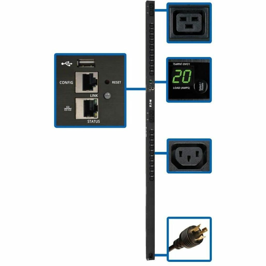 Eaton 3.7kW Single-Phase Switched PDU - LX Interface, 208/230V Outlets (20 C13 & 4 C19), C20/L6-20P, 0U, TAA — PDUMV20HVNETLX