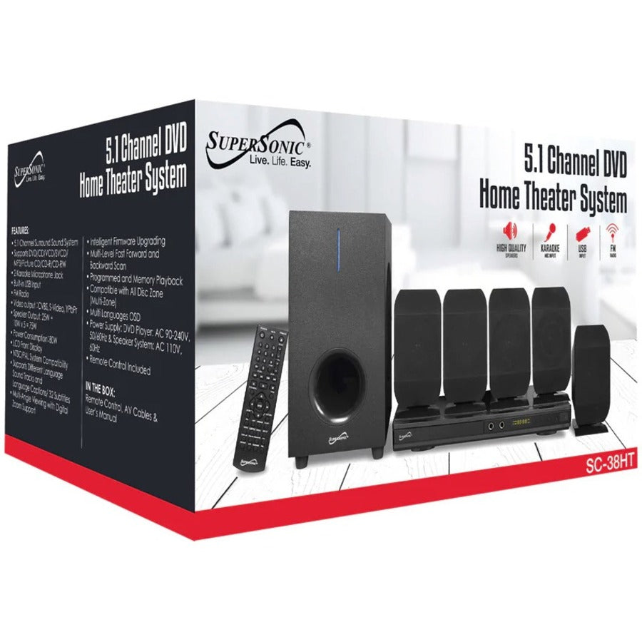 Supersonic SC-38HT 5.1 Home Theater System - 75 W RMS - DVD Player - Black — SC-38HT