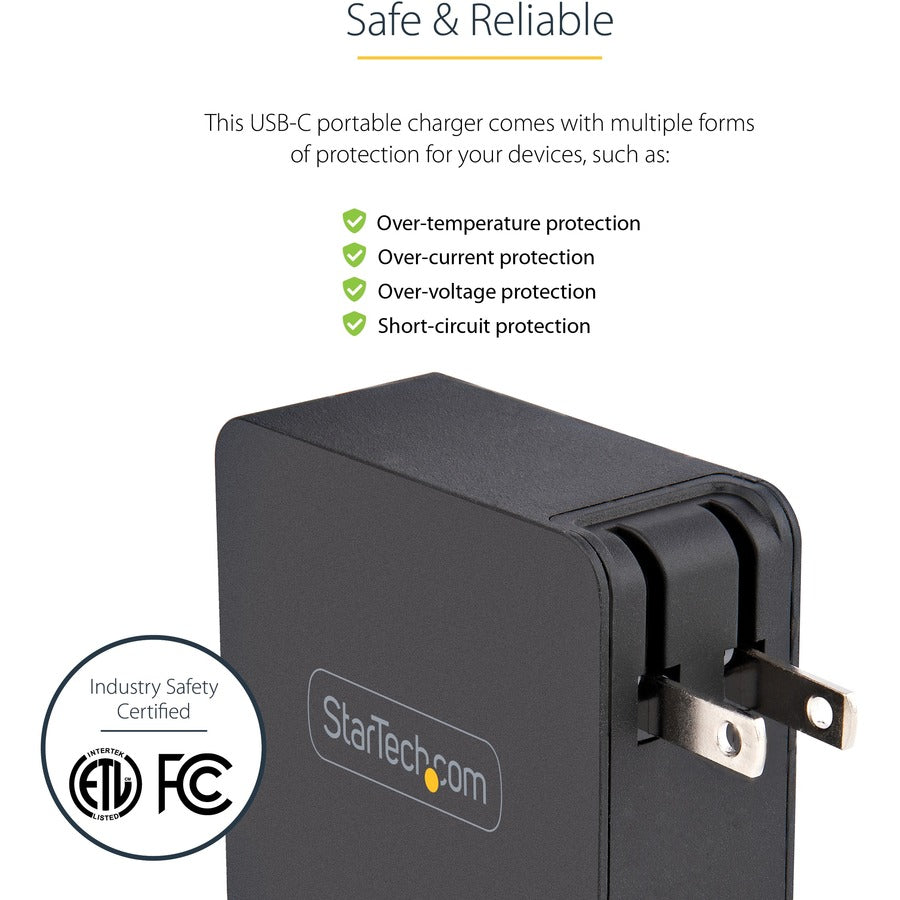 StarTech.com USB C Wall Charger, 60W PD with 6ft/2m Cable, Portable USB Type C Laptop Charger, Universal Adapter, USB IF/ETL Certified — WCH1CBK