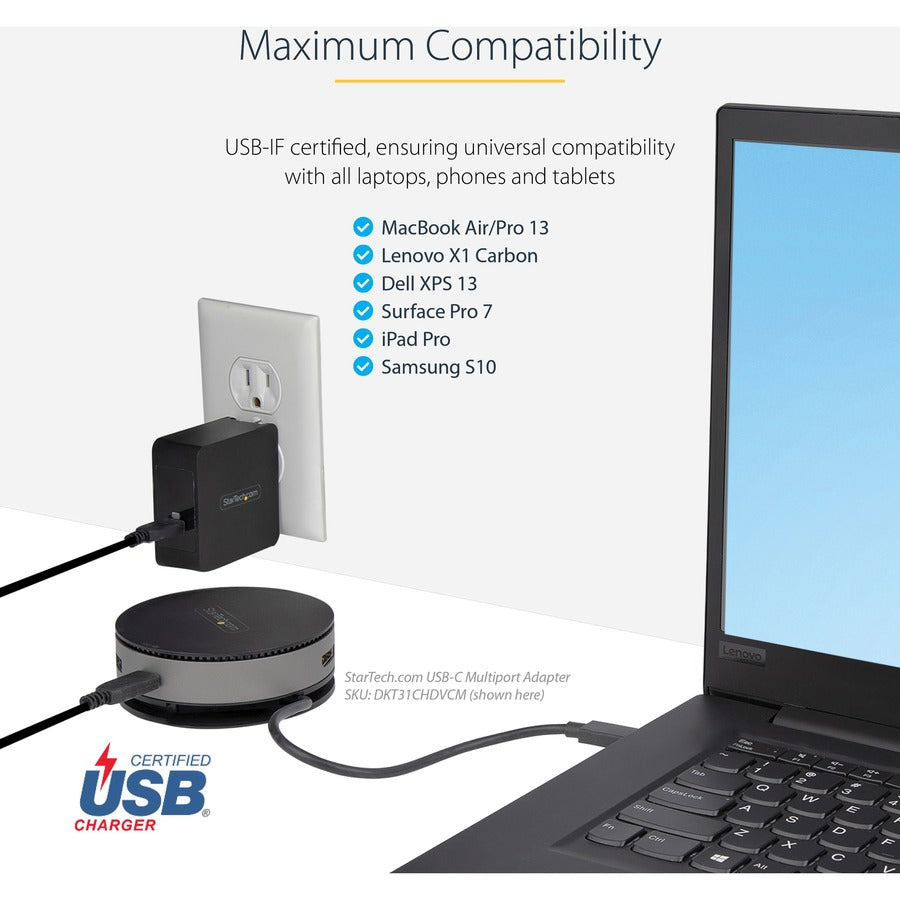 StarTech.com USB C Wall Charger, 60W PD with 6ft/2m Cable, Portable USB Type C Laptop Charger, Universal Adapter, USB IF/ETL Certified — WCH1CBK