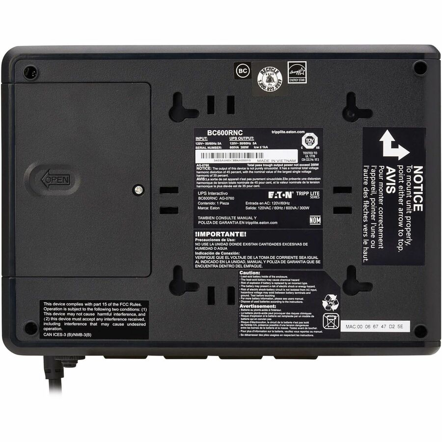 Eaton Tripp Lite Series 600VA 300W 120V Standby Cloud-Connected UPS with Remote Monitoring - 4 NEMA 5-15R Outlets (Surge + Battery Backup), 5-15P Plug, Desktop — BC600RNC