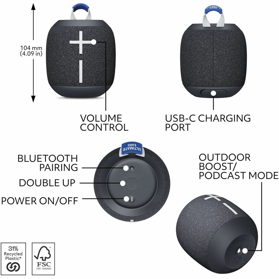 Ultimate Ears WONDERBOOM 4 Portable Waterproof Bluetooth Speaker With Big Bass and 360-Degree Sound, Dustproof Floating Speaker With 131ft (40m) Range, Black — 984-001876