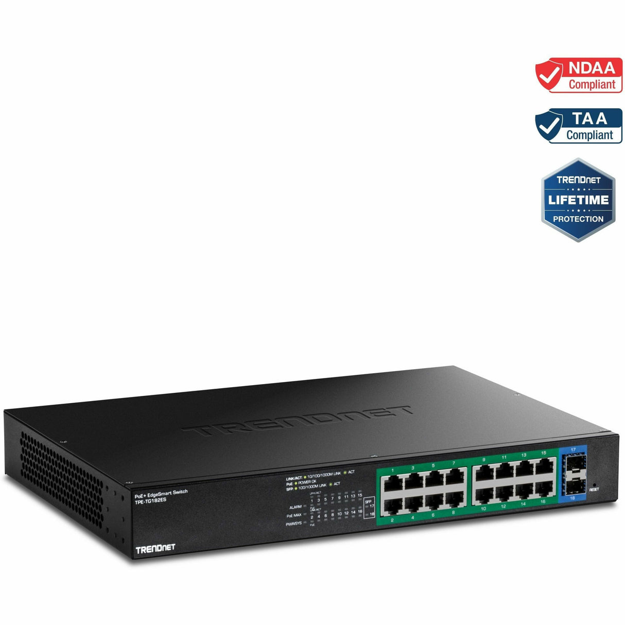 TRENDnet 18-Port Gigabit EdgeSmart PoE+ Switch, TPE TG182ES, 240W PoE Power Budget, 16 x Gigabit PoE+ Ports, 2 x Gigabit SFP Ports, Managed Network Ethernet Switch, Lifetime Protection, Black — TPE-TG182ES