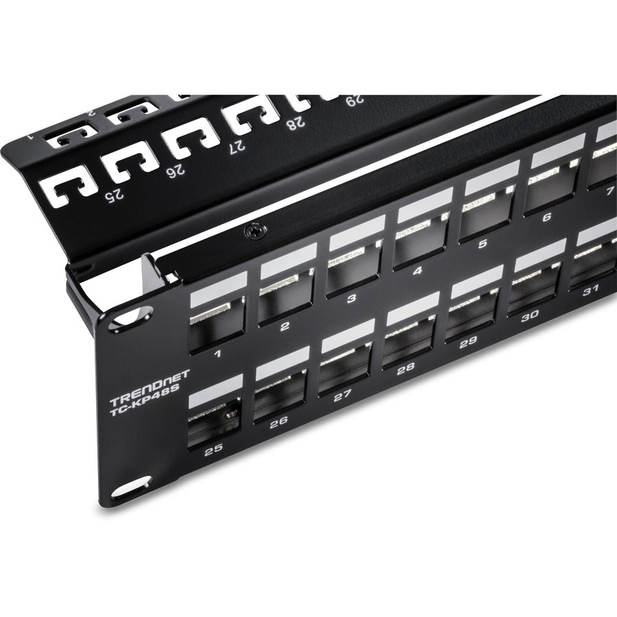 TRENDnet 48-Port Blank Keystone Shielded 2U HD Patch Panel, TC-KP48S, 2U 19" Metal Rackmount Housing, Network Management Panel, Recommended with TC-K06C6A Cat6A Keystone Jacks (sold separately) — TC-KP48S