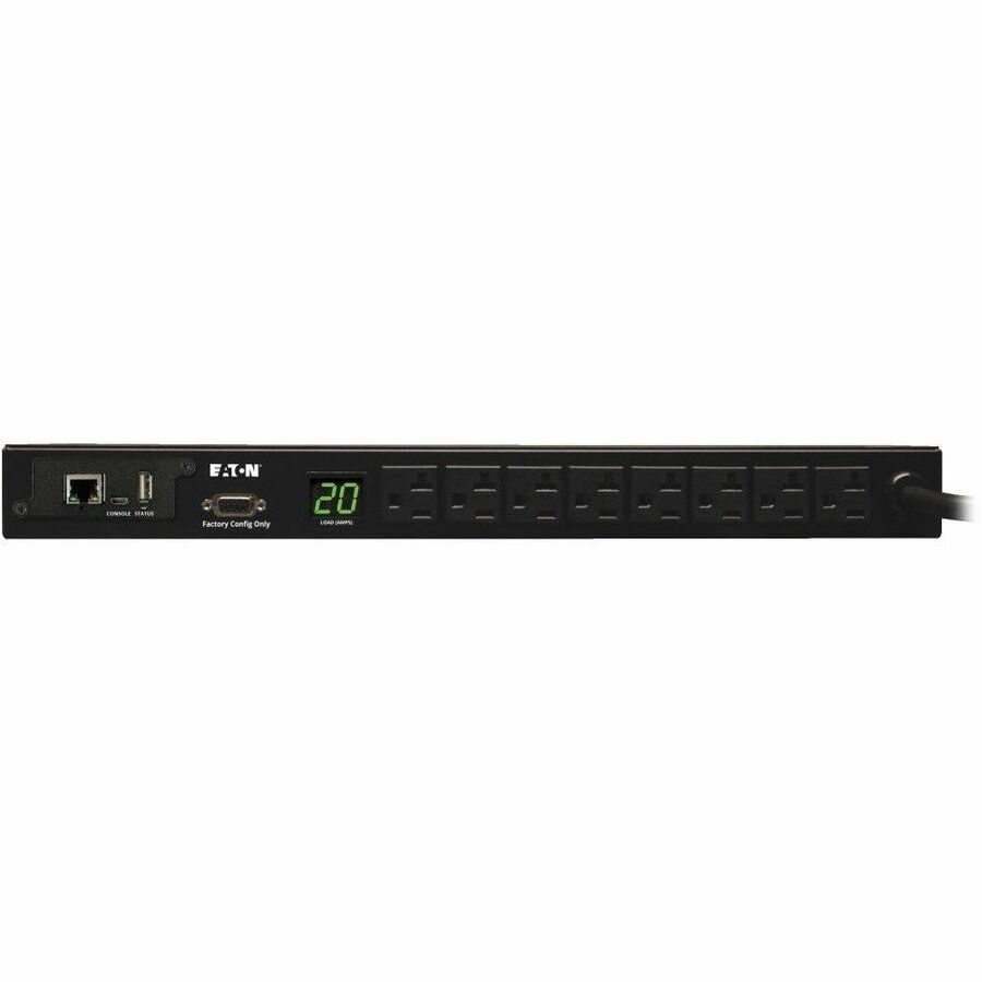 Eaton 1.9kW Single-Phase Monitored PDU, 120V Outlets (8 5-15/20R), L5-20P/5-20P Adapter, 12 ft. (3.66 m) Cord, 1U Rack-Mount, LX Platform Interface, TAA — PDUMNH20