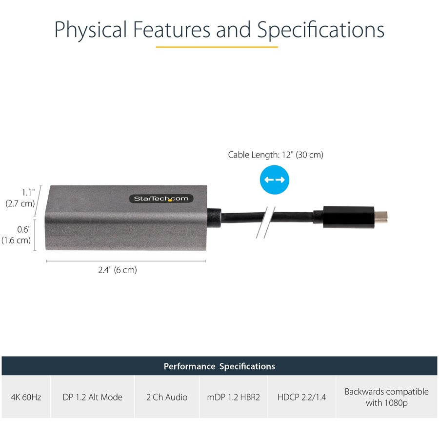 StarTech.com USB C to Mini DisplayPort Adapter, 4K 60Hz USB-C to mDP Adapter Dongle, USB Type-C to Mini DP Video Converter, w/ 12" Cable — CDP2MDPEC
