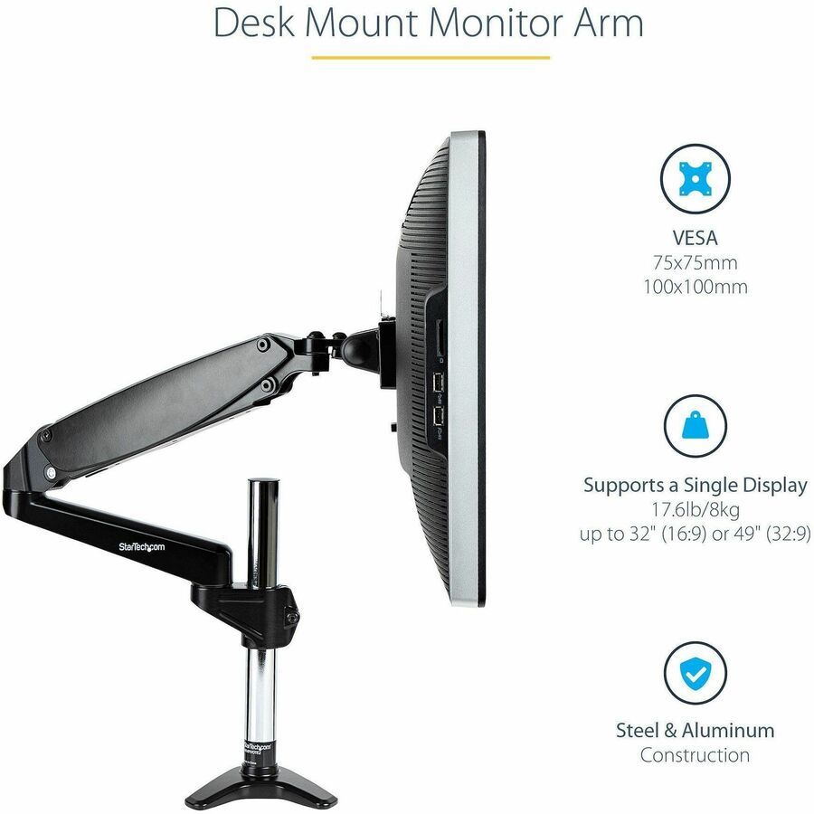 StarTech.com Desk Mount Monitor Arm for Single VESA Display 49"(17.6lb/8kg), Full Motion Articulating & Height Adjustable, C-Clamp/Grommet — ARMPIVOTE2
