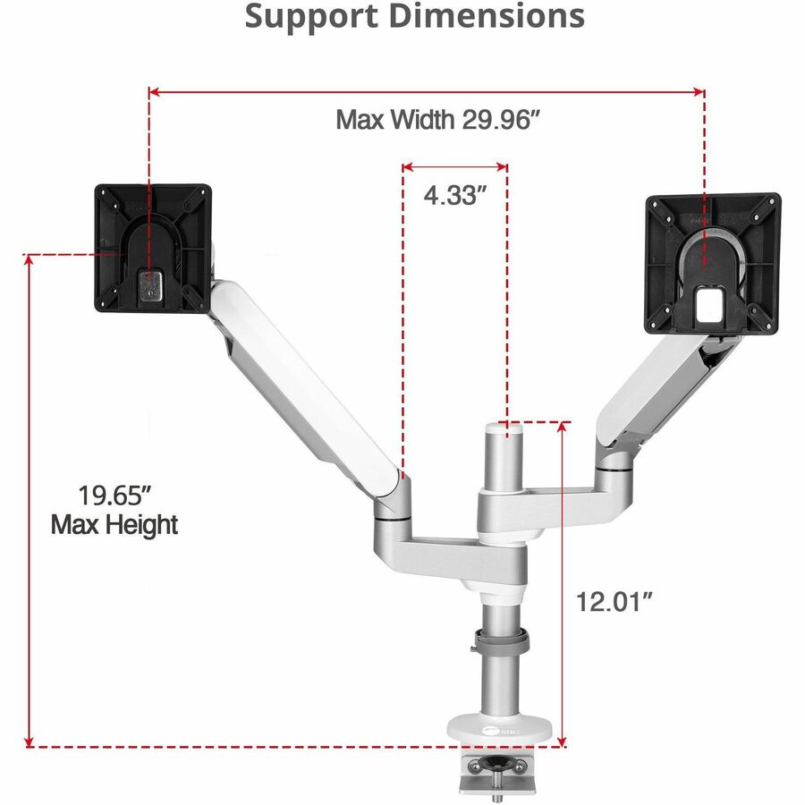 SIIG MTPRO Desk Mount Dual Monitor Arm - up to 32" Display, Max. Load 19.8 lbs, VESA 75/100mm, Mechanical Spring Design — CE-MT3W11-S1