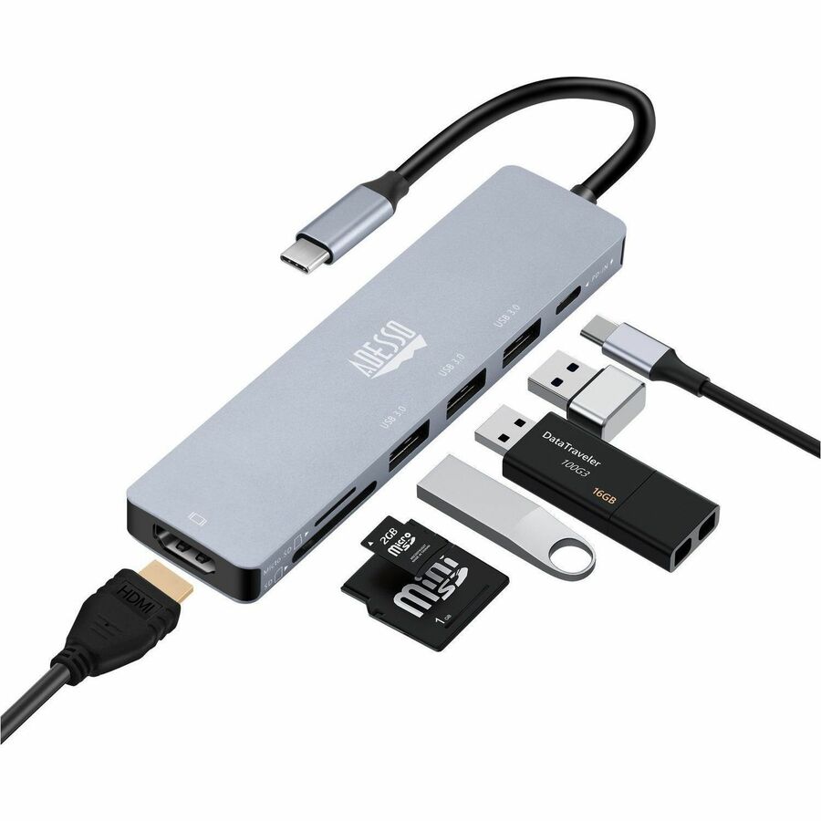 Adesso AUH-4025 7 in 1 Docking Station, Supports USB C to x1 4K HDMI, 3x USB-A 3.2, 1x PD, 1x Micro SD, 1x SD Card — AUH-4025