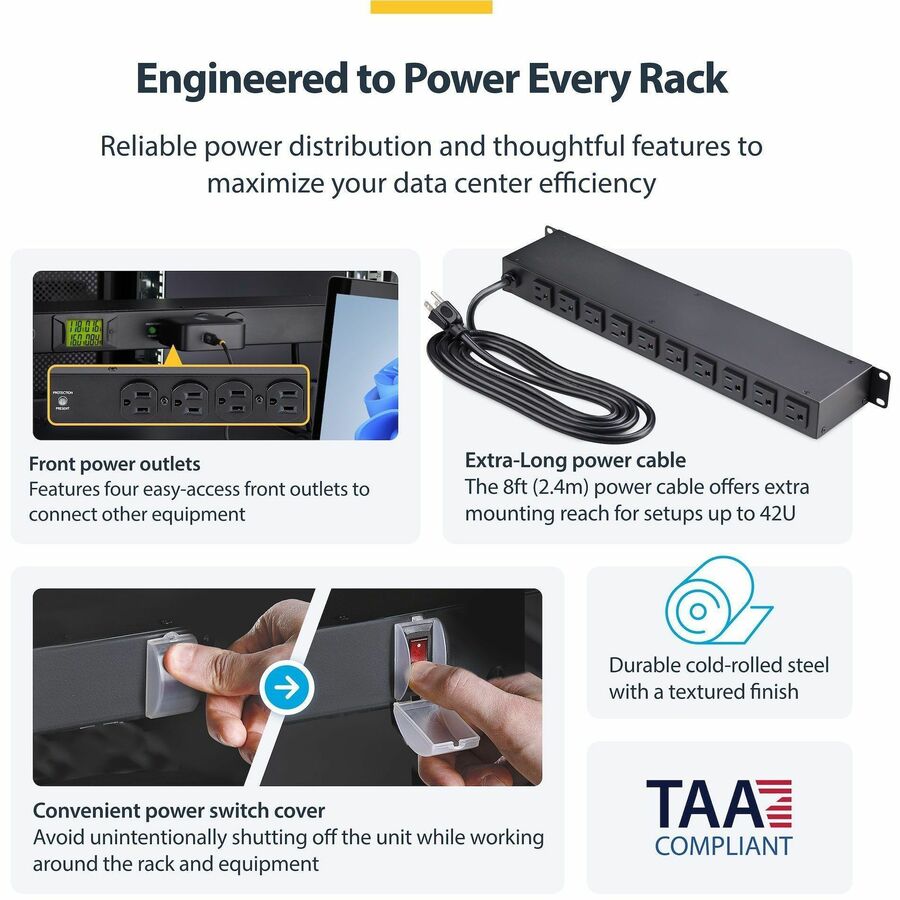 StarTech.com 16-Outlet Horizontal Rack Mount Metered PDU, 1U Server Power Strip w/Surge Protector, 125V/15A, 8ft (2.4m) Power Cord, TAA — 16NM8-RACK-MOUNT-PDU