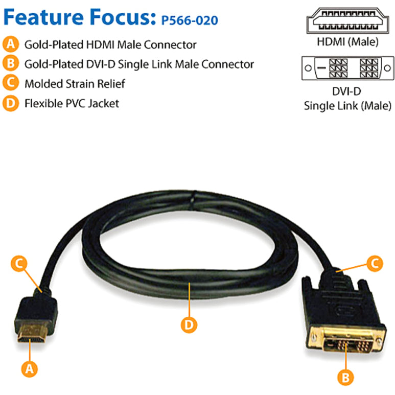 Eaton Tripp Lite Series HDMI to DVI Adapter Cable (M/M), 20 ft. (6.1 m) — P566-020
