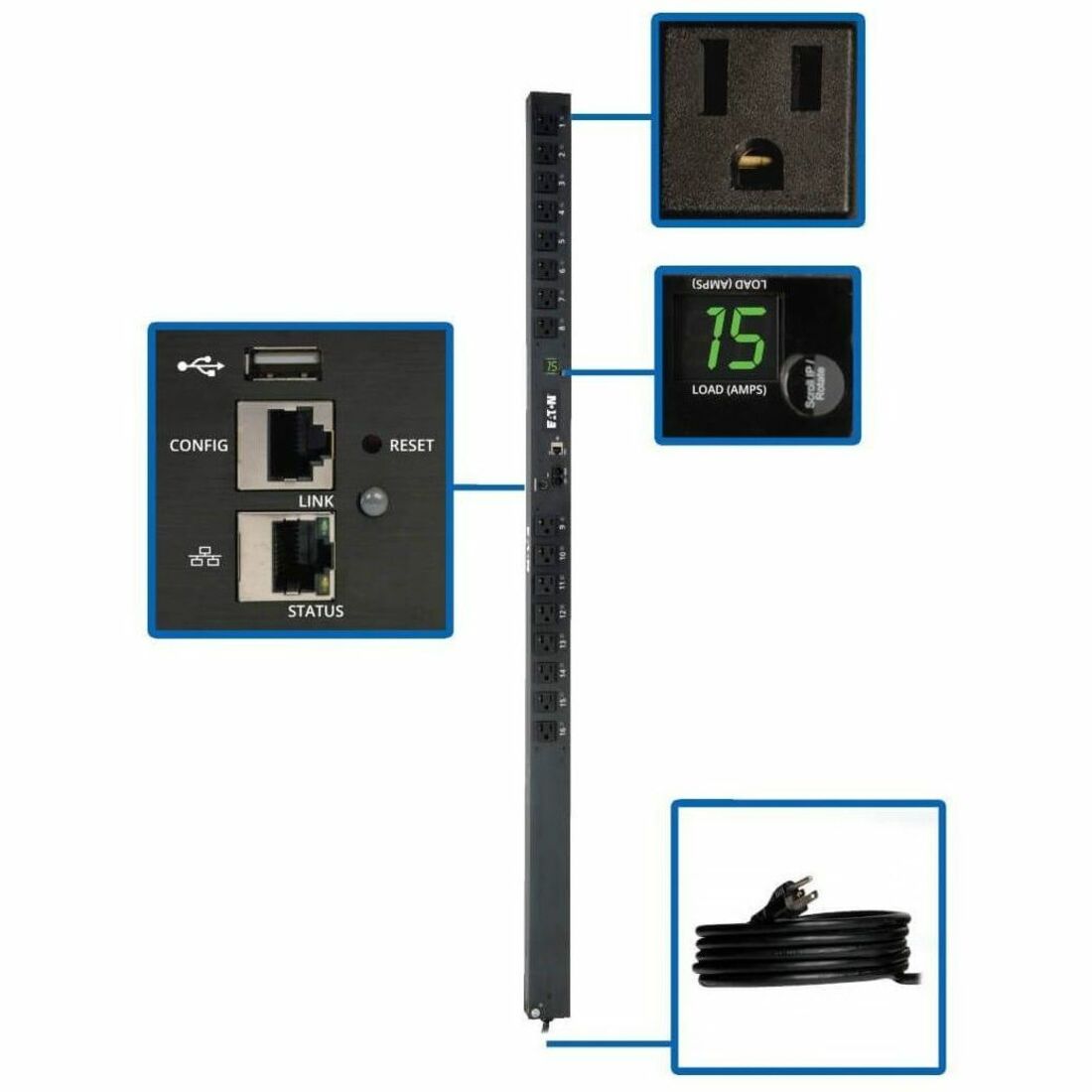 Eaton 1.4kW Single-Phase Switched PDU - LX Interface, 120V Outlets (16 5-15R), 10 ft. (3.05 m) Cord with 5-15P, 0U, TAA — PDUMV15NETLX