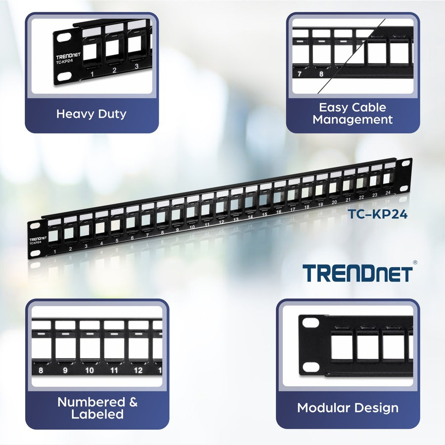 TRENDnet 24-Port Blank Keystone 1U Patch Panel, 1U 19" Metal Rackmount Housing, Recommended With TC-K25C6 & TC-K50C6 Cat6 Keystone Jacks (Sold Separately), Black, TC-KP24