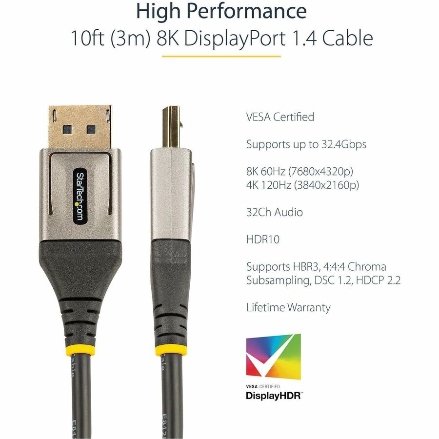 StarTech.com 10ft (3m) VESA Certified DisplayPort 1.4 Cable, 8K 60Hz HDR10, UHD 4K 120Hz Video, DP to DP Monitor Cord, DP 1.4 Cable, M/M — DP14VMM3M