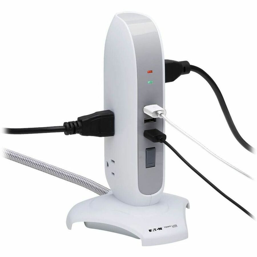 Eaton Tripp Lite Series 5-Outlet Surge Protector Tower, 3x USB Ports (3.1A Shared), 6 ft. Cord, 5-15P Plug, 1200 Joules, White — TLP66USB