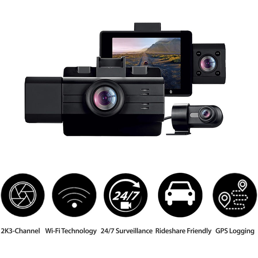 myGEKOgear by Adesso Scout Pro 2K 3-Channel Dash Cam Surveillance Edition with Front View, Cabin View, Rear View, APP for Instant Video Access, Wide Angle View, 32GB SD Card Included, G-Sensor, ODB2 Cable for Toolless 24/7 Surveillance — GOSP32G
