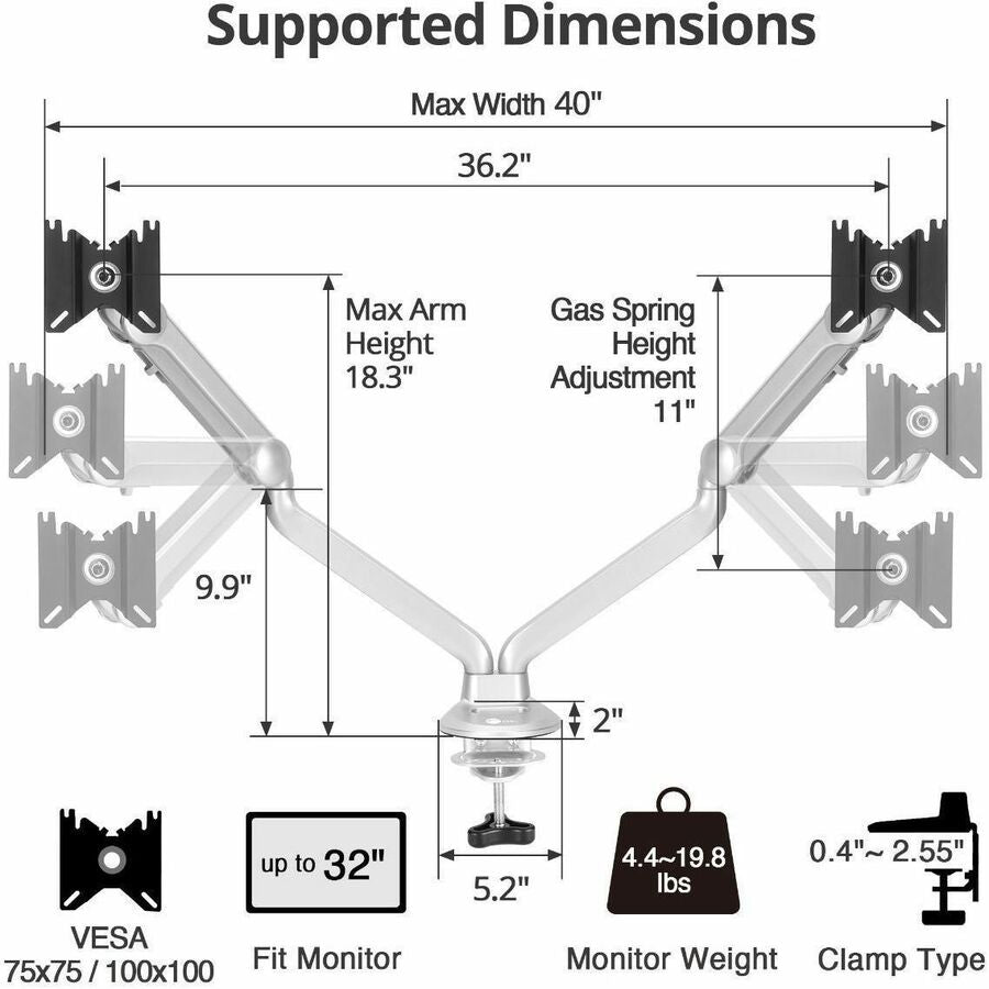 SIIG MTPRO Desk Mount Dual Gas Spring Monitor Arm - up to 32" Display - Max. Load 19.8 lbs - VESA 75 & 100mm — CE-MT3X11-S1