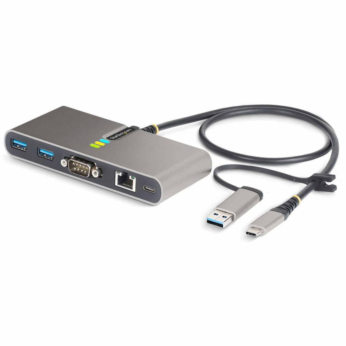StarTech.com 2-Port USB-C Hub with Gb Ethernet and RS232 FTDI Serial, Attached USB-C to USB-A Dongle, 100W PD Pass-Through, 2x USB-A 5Gbps — 5G2A1SGBB-USB-C-HUB