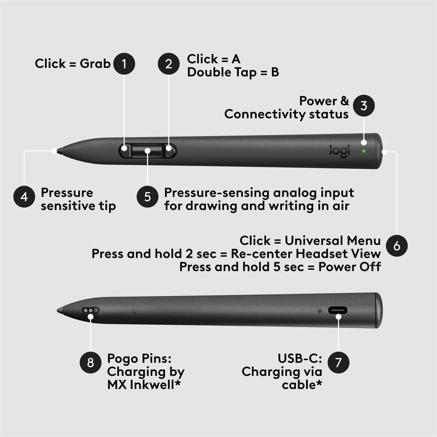 Logitech MX Ink Mixed-Reality (MR) Stylus, wireless pen controller, high precision and pressure sensitive, for Meta Quest 2, Meta Quest 3, Meta Quest 3S — 914-000085