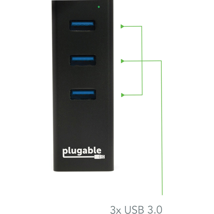 Plugable USB Hub with Ethernet, 3 port USB 3.0 Bus Powered Hub with Gigabit Ethernet — USB3-HUB3ME