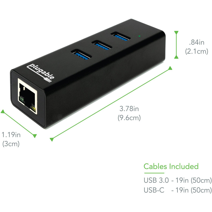 Plugable USB Hub with Ethernet, 3 port USB 3.0 Bus Powered Hub with Gigabit Ethernet — USB3-HUB3ME
