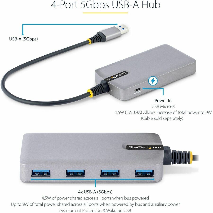 StarTech.com 4-Port USB Hub, USB 3.0 5Gbps, Bus Powered, USB-A to 4xA w/ Optional Auxiliary Power, Portable Laptop USB Hub, 1ft/30cm Cable — 5G4AB-USB-A-HUB