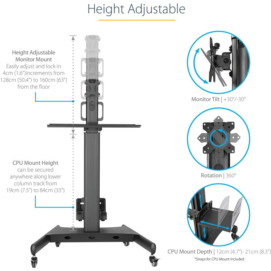 StarTech.com Mobile Standing Workstation with Monitor Mount, CPU/PC Holder, Height Adjustable Desktop Computer Cart, Standing Workstation — WKSTNCART
