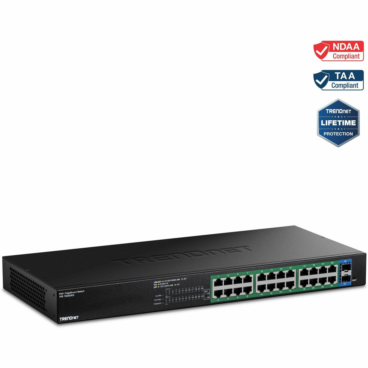 TRENDnet 26-Port Gigabit EdgeSmart PoE+ Switch, TPE TG262ES, 380W PoE Power Budget, 24 x Gigabit PoE+ Ports, 2 x Gigabit SFP Ports, Managed Network Ethernet Switch, Lifetime Protection, Black — TPE-TG262ES
