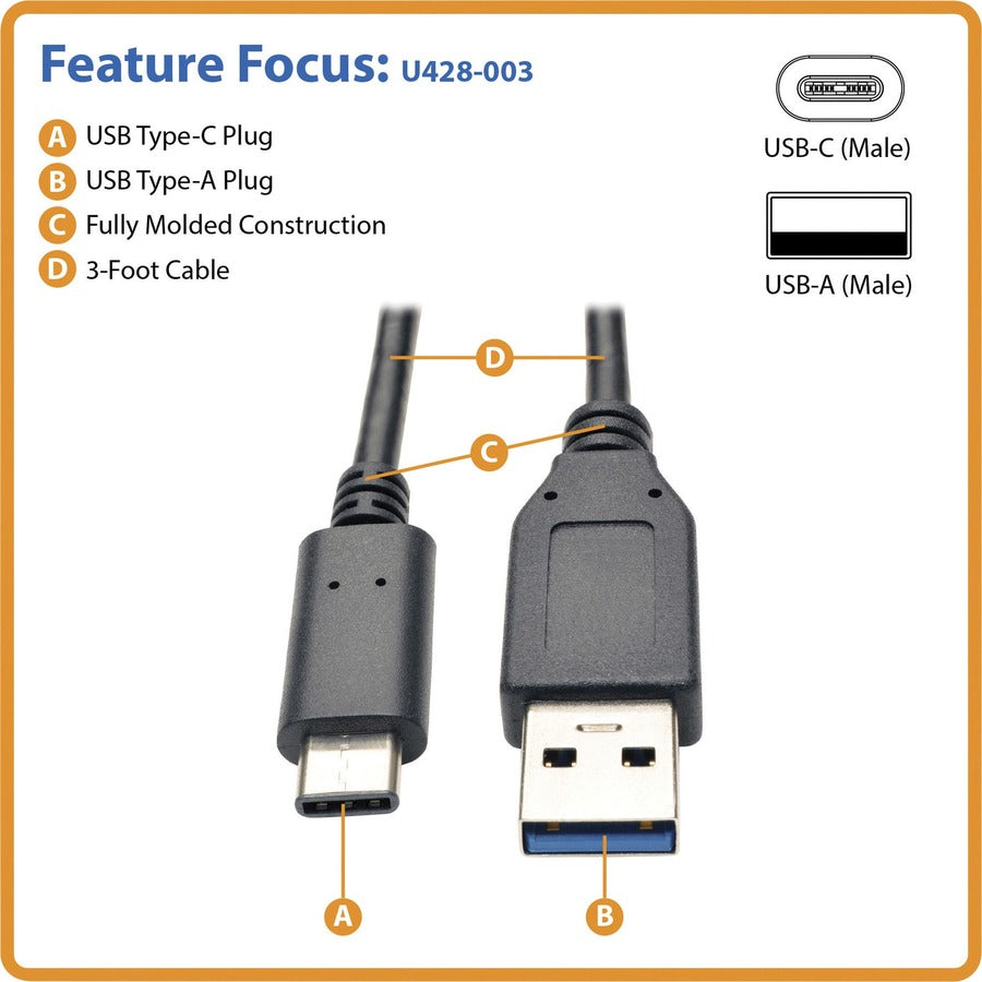Eaton Tripp Lite Series USB-C to USB-A Cable (M/M), USB 3.2 Gen 1 (5 Gbps), Thunderbolt 3 Compatible, 3 ft. (0.91 m) — U428-003