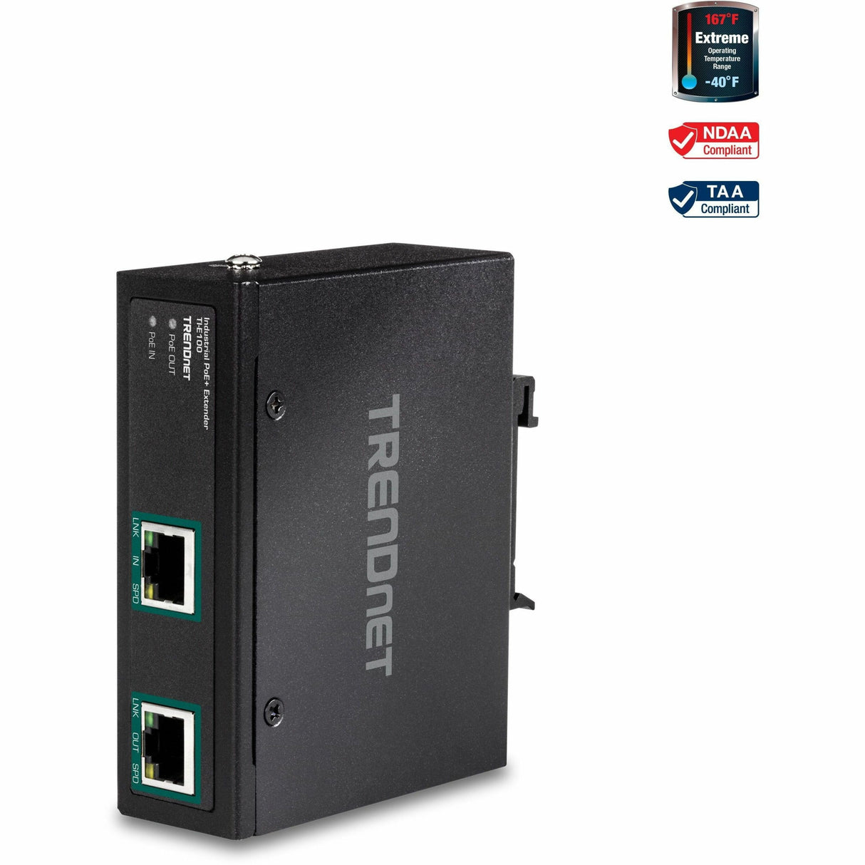 TRENDnet Industrial Gigabit PoE+ Extender, TI-E100, Single Port PoE, Power Over Ethernet, Supports PoE (15.4W) and PoE+ (30W), Extends 100m, Cascade 2 Units for Distance Up to 300m (984 ft.), IP30 — TI-E100
