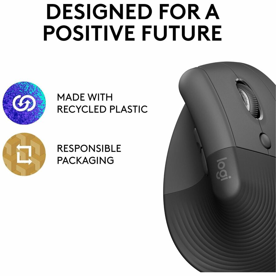 Logitech Lift Vertical Ergonomic Mouse, Wireless, Bluetooth or Logi Bolt USB receiver, Quiet clicks, 4 buttons, Graphite — 910-006466