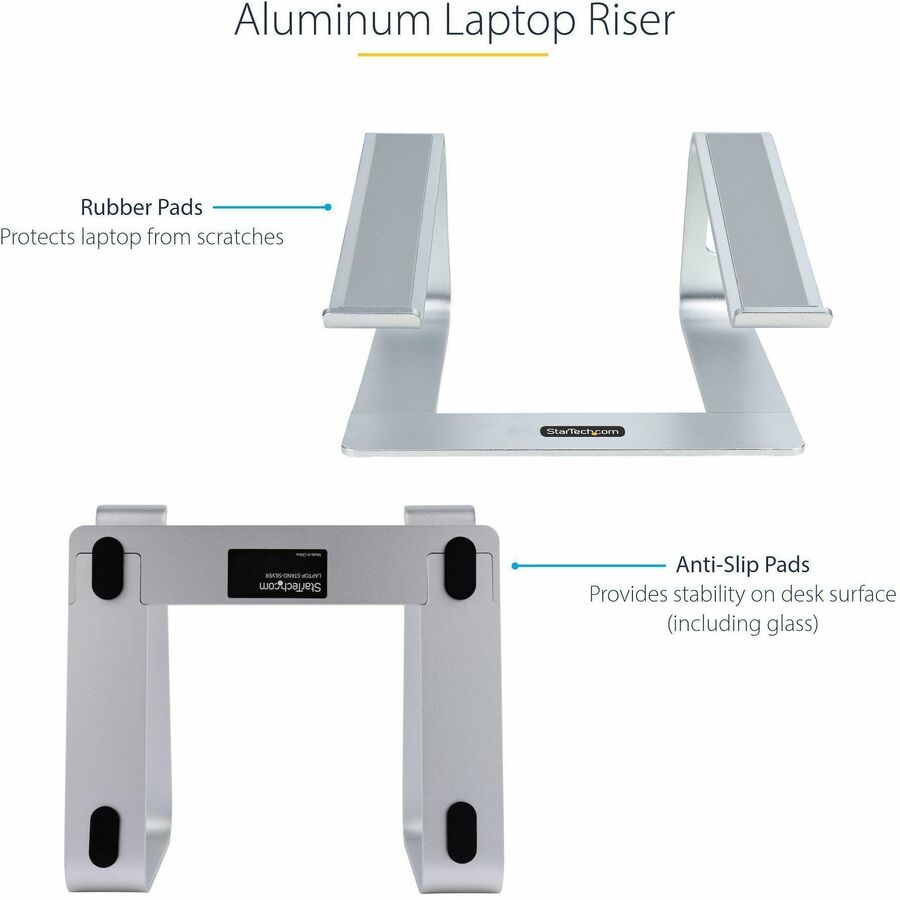 StarTech.com Laptop Stand for Desk, Supports 5kg / 11lb, Aluminum, Silver, Ergonomic Laptop Riser, Portable Laptop Holder for Desk — LAPTOP-STAND-SILVER