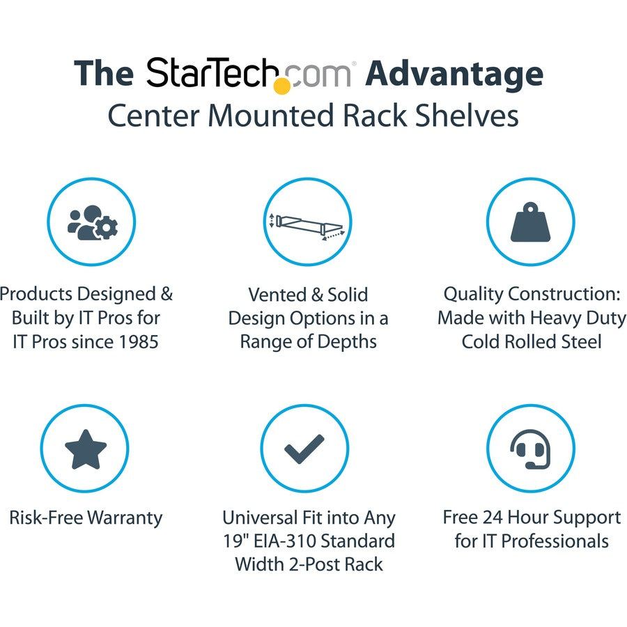 StarTech.com 2U Vented Server Rack Shelf - Center Mount Fixed 14" Deep Cantilever Rackmount Tray for 19" Data/AV/Network w/Cage Nuts — SHELF-2U-14-CENTER-V