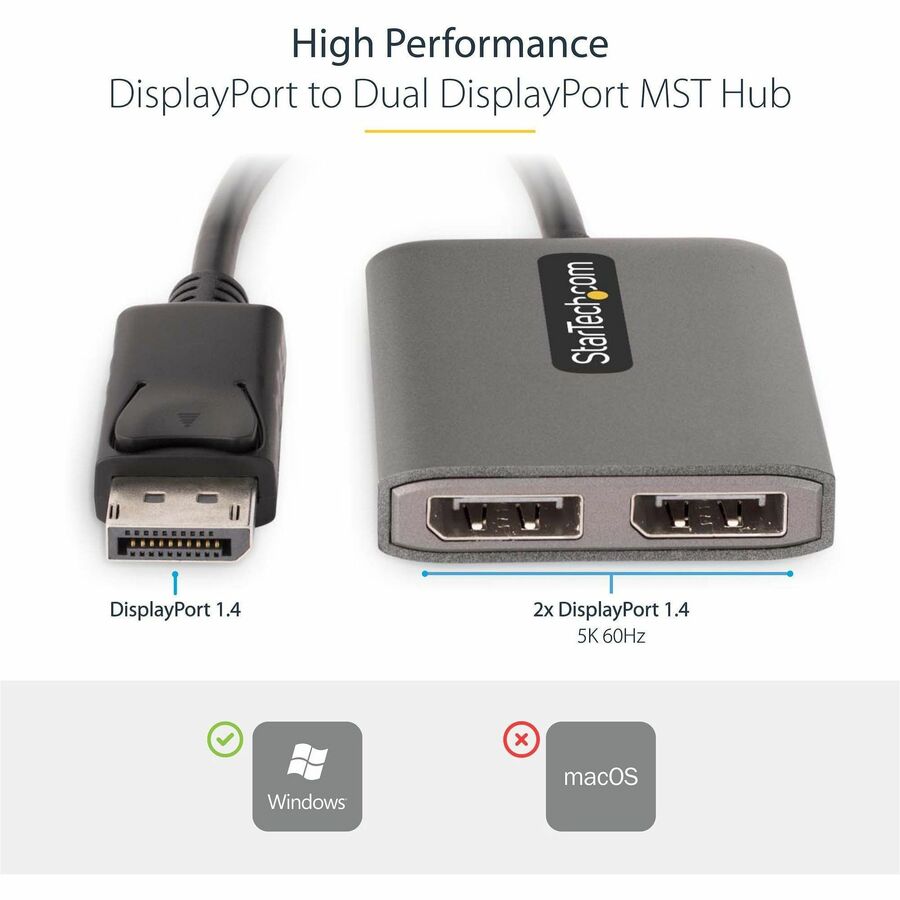 StarTech.com Dual-Monitor DisplayPort 1.4 Splitter, DisplayPort to 2x DP Multi-Monitor Adapter, Dual 5K 60Hz Computer MST Hub, Windows — MST14DP122DP