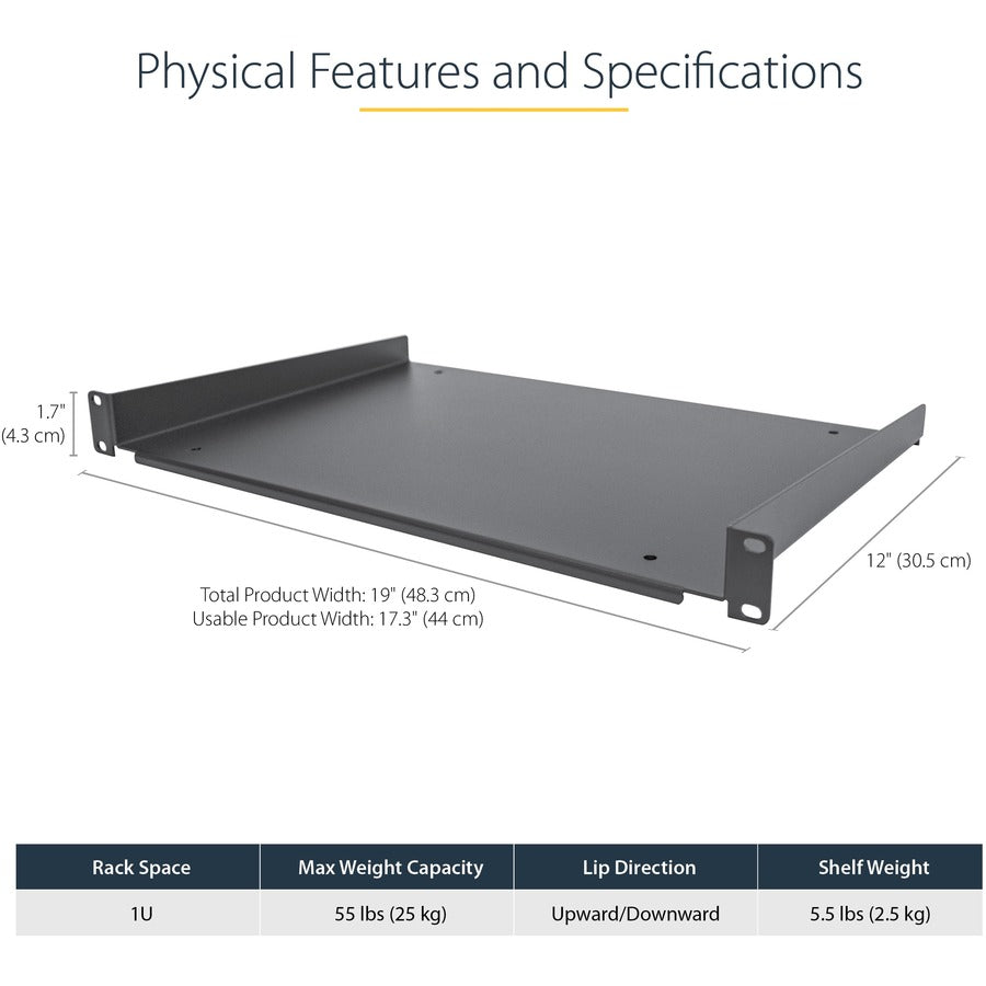 StarTech.com 1U Server Rack Cabinet Shelf - Fixed 12" Deep Cantilever Rackmount Tray for 19" Data/AV/Network Enclosure w/cage nuts, screws — SHELF-1U-12-FIXED-S