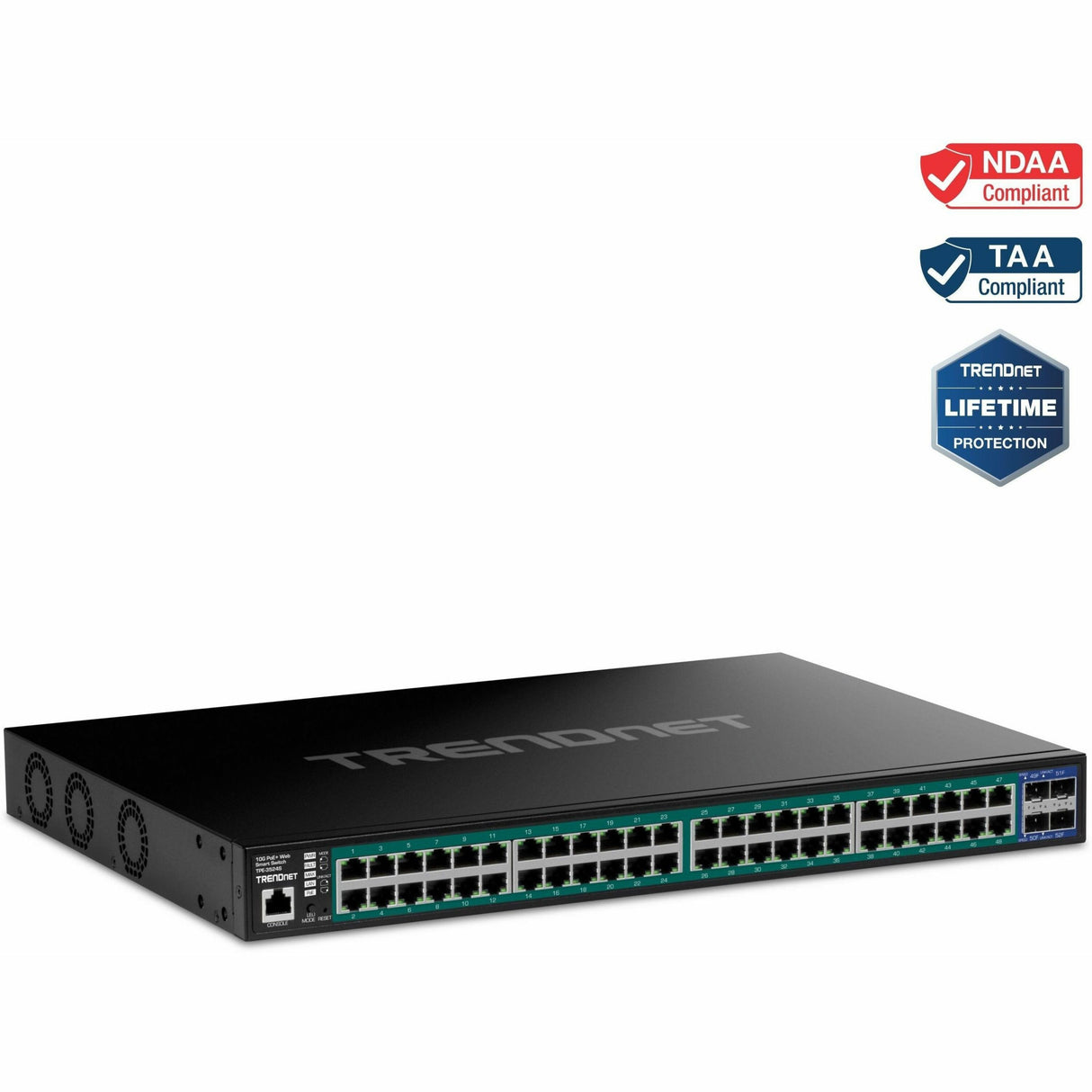 TRENDnet 52-Port Gigabit Web Smart PoE+ Switch with 10G SFP+ Ports, TPE-3524S, 48 x Gigabit PoE+ Ports, 4 x 10G SFP+ Ports, 410W PoE Power Budget, Lifetime Protection, Black — TPE-3524S