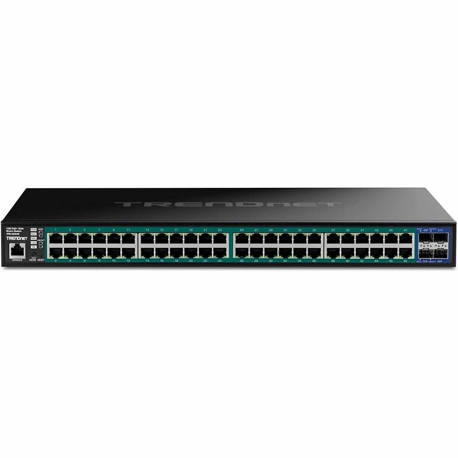 TRENDnet 52-Port Gigabit Web Smart PoE+ Switch with 10G SFP+ Ports, TPE-3524S, 48 x Gigabit PoE+ Ports, 4 x 10G SFP+ Ports, 410W PoE Power Budget, Lifetime Protection, Black — TPE-3524S