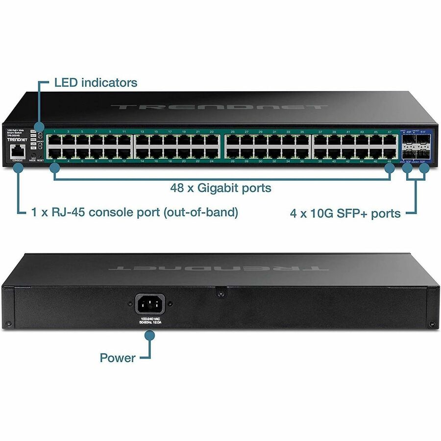 TRENDnet 52-Port Gigabit Web Smart PoE+ Switch with 10G SFP+ Ports, TPE-3524S, 48 x Gigabit PoE+ Ports, 4 x 10G SFP+ Ports, 410W PoE Power Budget, Lifetime Protection, Black — TPE-3524S
