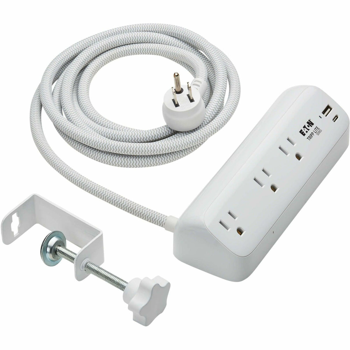 Eaton Tripp Lite Series Protect It! 3-Outlet Surge Protector with USB-A and USB-C Ports - 5-15R Outlets, 900 Joules, 20W PD Charging, Desk Clamp, 8 ft. (2.4 m) Braided Cord, White — TLP308U20CLAMP