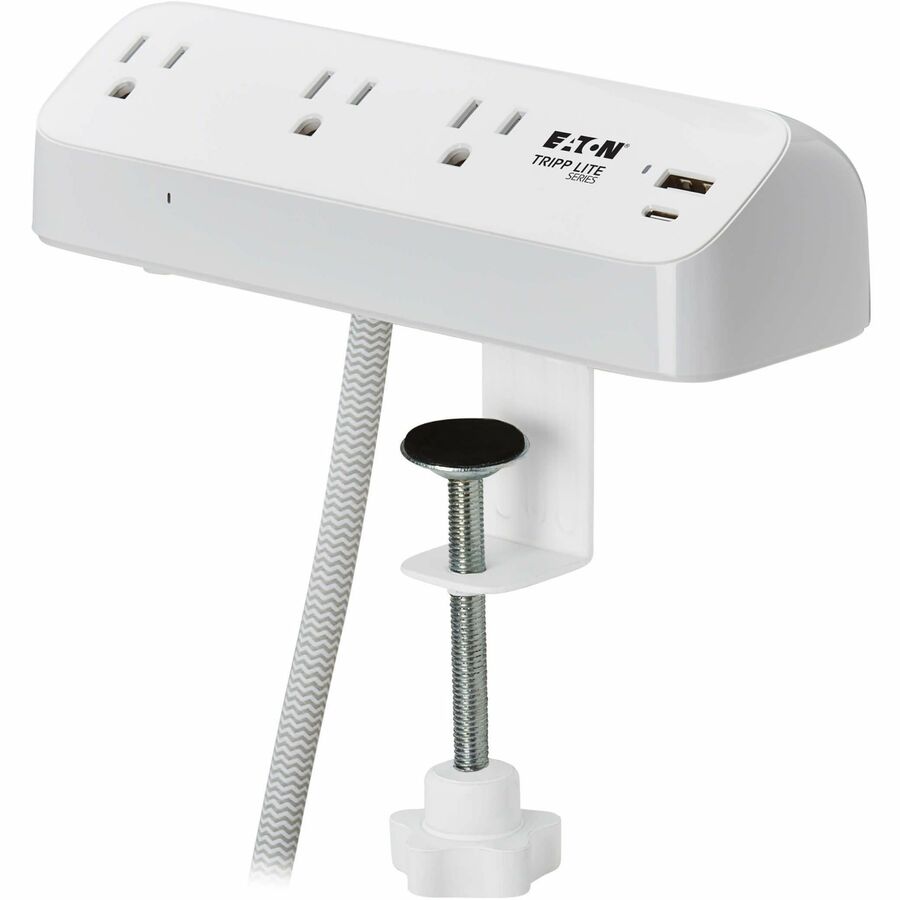 Eaton Tripp Lite Series Protect It! 3-Outlet Surge Protector with USB-A and USB-C Ports - 5-15R Outlets, 900 Joules, 20W PD Charging, Desk Clamp, 8 ft. (2.4 m) Braided Cord, White — TLP308U20CLAMP