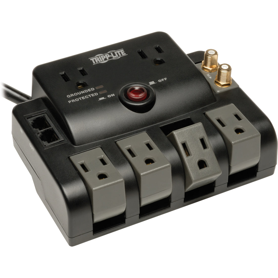 Eaton Tripp Lite Series Protect It! 6-Outlet Surge Protector - 4 Rotating Outlets, 5-15P Input, 1440 Joules, Tel/Modem/Coax Protection, Black — TLP606RNET