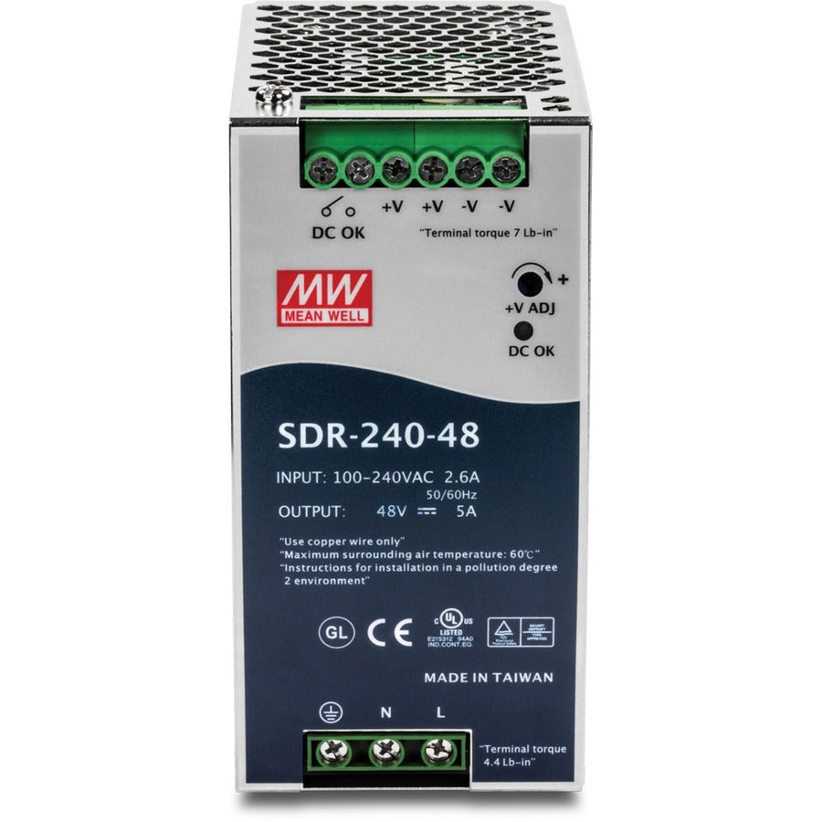 TRENDnet 240W Single Output Industrial DIN-Rail Power Supply, Extreme Operating Temp Range -25 to 70 °C(-13 to 158 °F) Built-in Active PFC, Passive Cooling, DIN-Rail Mount, Silver, TI-S24048
