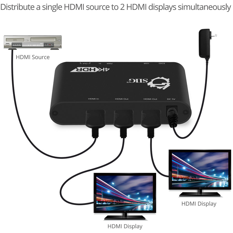 SIIG 1x2 HDMI 2.0 Splitter / Distribution Amplifier with Auto Video Scaling - 4K 60Hz HDR — CE-H22X11-S1