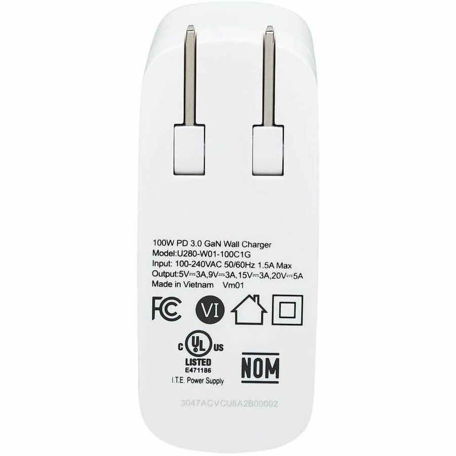 Eaton Tripp Lite Series Compact 1-Port USB-C Wall Charger - GaN Technology, 100W PD3.0 Charging, White — U280-W01-100C1G