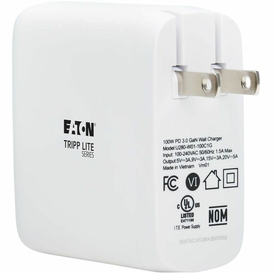 Eaton Tripp Lite Series Compact 1-Port USB-C Wall Charger - GaN Technology, 100W PD3.0 Charging, White — U280-W01-100C1G