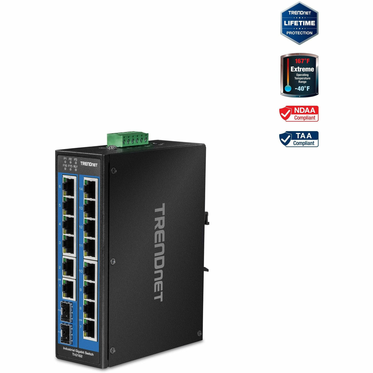 TRENDnet 16-Port Hardened Industrial Unmanaged Gigabit DIN-Rail Switch; TI-G162; 14 x Gigabit Ports; 2 x Gigabit SFP Slots;32Gbps Switching Capacity; IP30 Ethernet Network Switch; Lifetime Protection — TI-G162