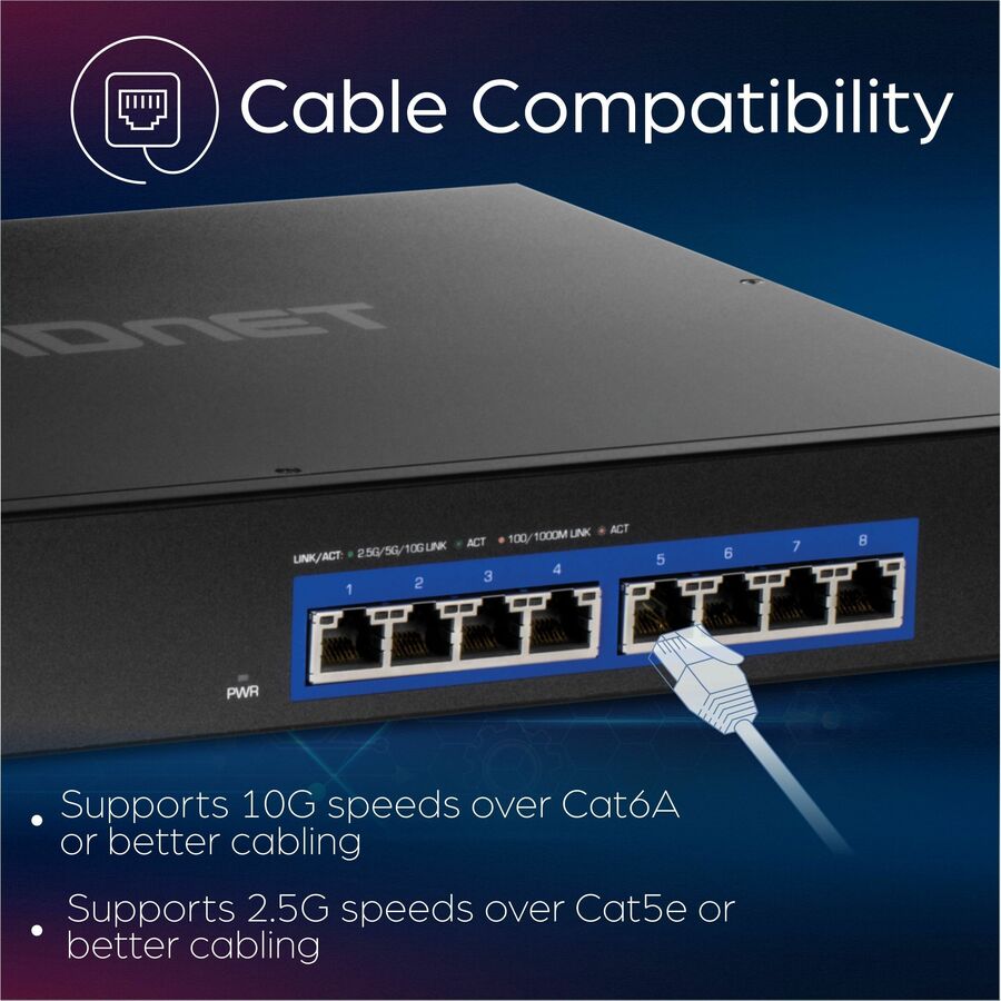 TRENDnet 8-Port 10G Switch, TEG-S708, 8 x 10G RJ-45 Ports, 160Gbps Switching Capacity Rack mountable, Ethernet Splitter, NDAA & TAA Compliant, Lifetime Protection, Black — TEG-S708